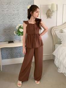 DAZY Tween Girl Solid Color Ruffle Hem Blouse And Pants Set - Brown - View 4