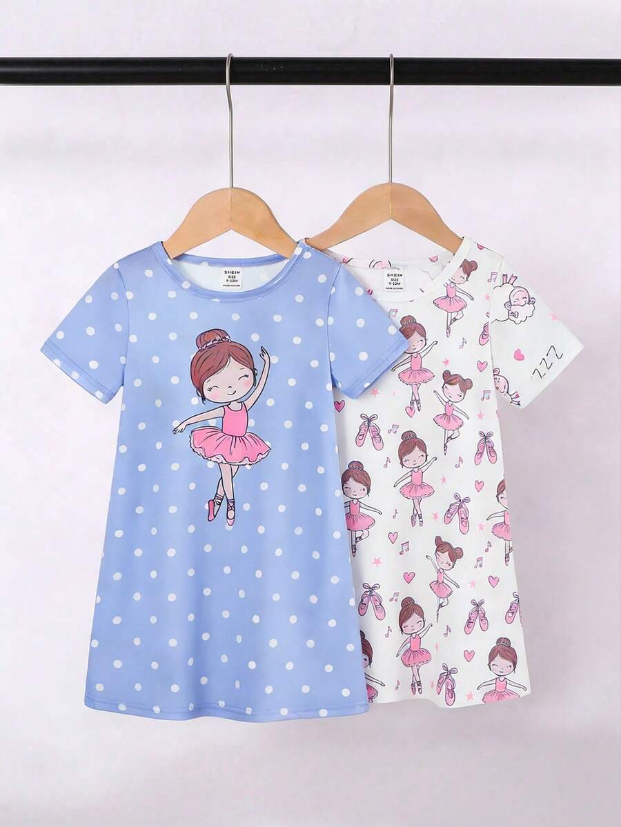 2 Stücke/Set Baby Mädchen Cartoon Ballett Muster Kurzarm Lang Pyjama Kleid Loungewear, Frühling und Sommer Rosa süßer Mädchenstil, niedlich und bequem 2026 neue Urlaubsatmosphäre, entspannt und komfortabel Mädchen Outfit Set Mädchen Baby Mädchen Bekleidung - Verschiedenfarbig - Übersicht 1