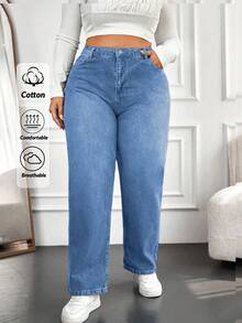 SHEIN Cottnline 女士大尺碼純色直筒牛仔褲,搭配斜口袋 - 藍色 - 查看 1