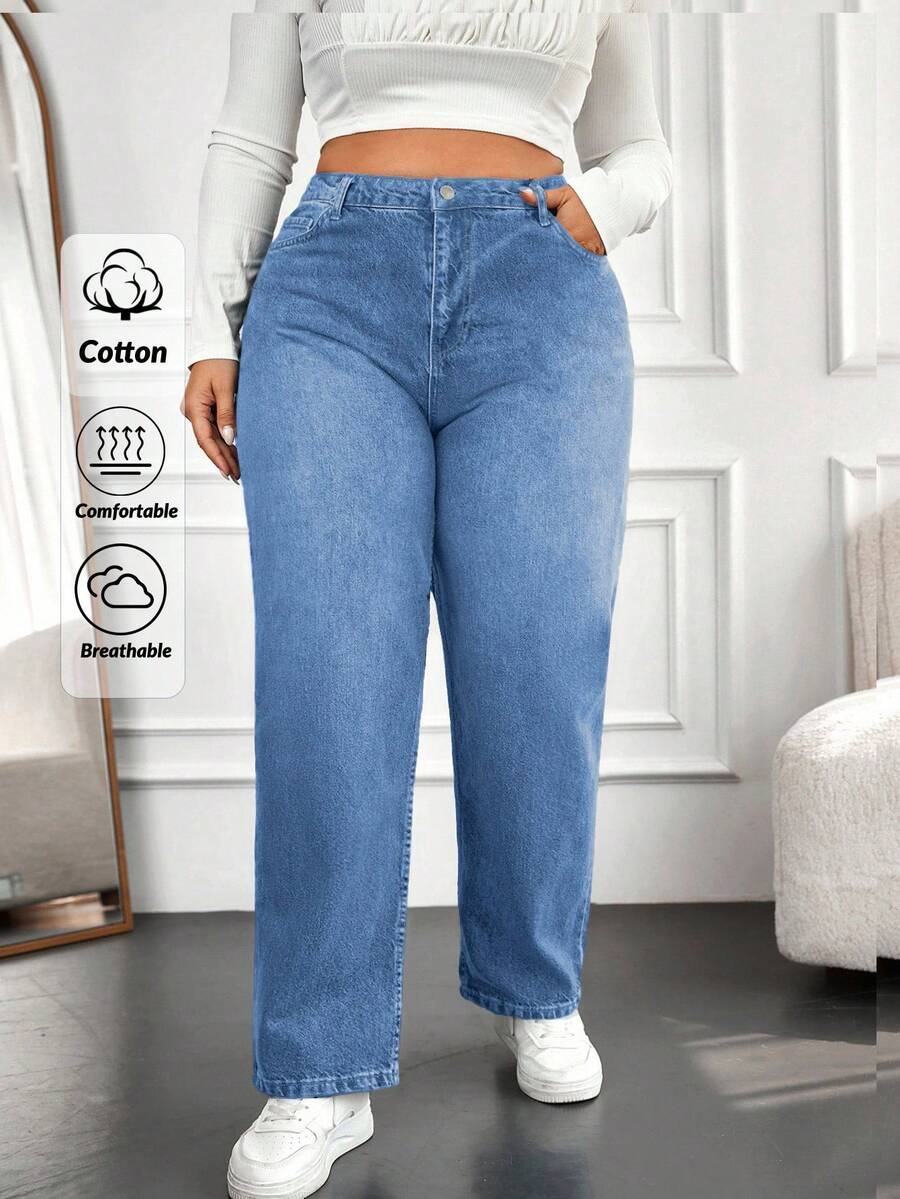 SHEIN Cottnline 女士大尺碼純色直筒牛仔褲,搭配斜口袋 - 藍色 - 查看 1