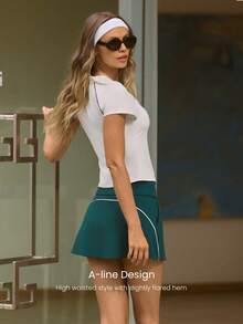 GLOWMODE FeatherFit™-Air Ace Your Flow Buttery-Soft Quick-Dry Sweat-Wicking Contrast Piping Built-In Shorts Anti-Slip Grips Tennis Embroidery A-Line Mini Skirt Tennis Golf Pickleball Daily Casual Wear - Green - View 2