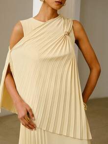 ZEYLAH Elegant Long Fitted Pleated Sleeveless Dress, Spring/Summer - Light Yellow - View 2