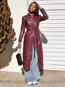 Yess Loren 女士纯色立领长袖长款 PU 皮休闲夹克，秋冬复古酒红色冬季女装女士夹克感恩节女装冬季女外套冬季服装圣诞女装圣诞服装红色夹克 - 酒紅色 - 查看 4