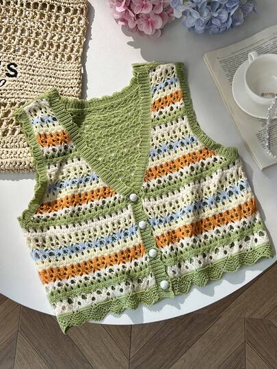 SHEIN SunnyBelle Women's Cute Romantic Fashionable Versatile Multi-Color V-Neck Hollow Out Knit Sweater Vest, Summer
