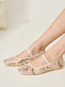 CUCCOO CHICEST 女鞋 时尚杏色蕾丝花朵网纱刺绣蝴蝶结玛丽珍透气平底鞋 可爱甜美优雅女式平底鞋 女鞋 - 杏色1 - 查看 4