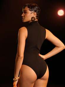 Hauture Body sexy con diseño calado y detalles de metal para mujer - Negro - Ver 5