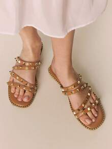 Styleloop Women's Flat One-Strap Sandals, New Summer Fashion Versatile Flat Rivet Shoes, Beach & Vacation Casual Series - Brown - View 2