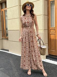 Solivie Bộ jumpsuit nữ thanh lịch hở lưng, dáng rộng, in họa tiết phối màu, thích hợp cho kỳ nghỉ. - Rỉ Nâu - Xem 5