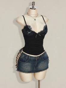 SHEIN ICON Contrast Lace Ruched Y2k Cami Top - Black - View 8