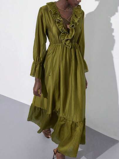 Aveloria Modichic 法式复古荷叶边V领长袖连衣裙，高端