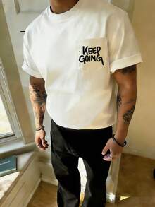 Manfinity Dauomo Men's Casual T-Shirt, Round Neck Letter Print Pocket Design, Minimalist Loose Fit T-Shirt, Fashion For Men, Summer - Multicolor - View 1