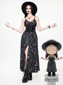 ROMWE Goth 哥特式暗黑蛾叶植物蝴蝶蛇日月星森系吊带低胸性感长裙 - 彩色 - 查看 6