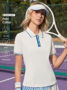 Gameset SHEIN Sport 女士撞色条纹印花短袖运动Polo衫，夏季 - 白色 - 查看 1