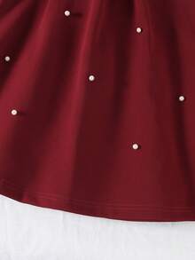 SHEIN 女童黑色迷你连衣裙，饰有白色蝴蝶结和珍珠，短款连衣裙，正式礼服，节日礼服，派对礼服，新年礼服，圣诞节红色连衣裙。樱桃图案连衣裙，女童红色连衣裙，女童红白连衣裙，女童酒红色连衣裙 - 酒紅色 - 查看 7