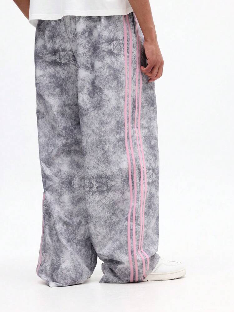 Tie Dye Printed Wide Leg Track Pants Pink Side Stripe Detail Casual Loose Fit Drawstring Sweatpants