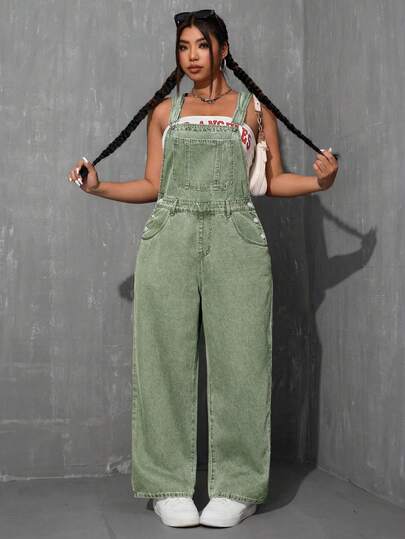 SHEIN ICON Plus Size Women Pocketed Button Casual Versatile Daily Wear Denim Bib Overall Wide Leg Pants