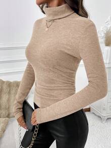 SHEIN Clasi Áo thun cổ lọ thu/đông nữ, lót nhiệt, đa năng - Màu be - Xem 3