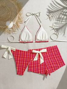 Swim Mod Bộ đồ bơi 3 mảnh cỡ lớn, họa tiết kẻ caro với dây buộc vai, quần bơi đồng bộ, thích hợp cho khu nghỉ dưỡng, bãi biển, hồ bơi. - Nhiều màu - Xem 3