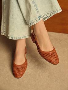 Rosivie Ladies Spring And Summer Brown Woven Belt Loop Buckle Home Leisure Vacation Flat Shoes - Mocha Brown - View 4