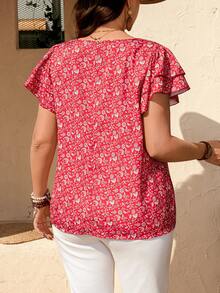 Breezaya Áo sơ mi nữ cỡ lớn cổ chữ V tay ngắn họa tiết hoa nhí, kiểu dáng thường ngày, thích hợp cho kỳ nghỉ. - Đỏ - Xem 2