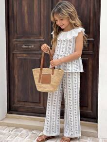 SHEIN 2pcs Tween Girls Floral Pattern Ruffle Trim Casual Top And Pants Suit, Summer - White - View 3