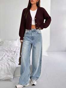 EURMUSE White Lantern Sleeve Button Front Rib Knit Cardigan - Brown - View 5