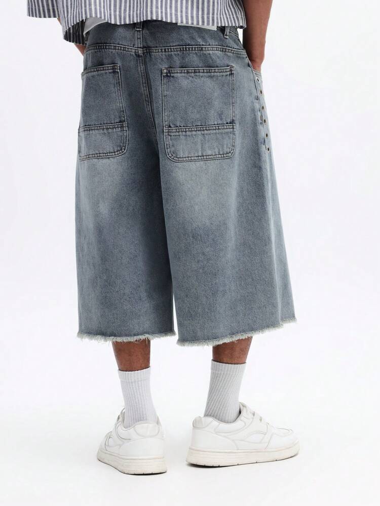 Wide Leg Denim Shorts With Metal Eyelets