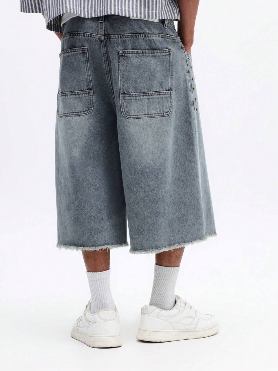 Wide Leg Denim Shorts With Metal Eyelets