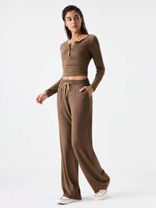 Loungeista 2pcs Set Women Long Sleeve Solid Color Tight Fitting Top And Pants Set, Spring/Autumn/Winterfor Summer - View 3