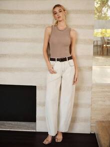 Anewsta Women's Elegant Modern All-Match Versatile Layering Khaki Knit Tank Top - Khaki - View 5