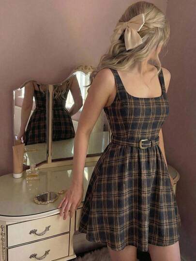 SHEIN MOD Women's Navy Blue & Brown Plaid Mini Dress,Belted Waist ,Square Neckline ,Vintage,Romantic,Classic Style,Comfortable, Elegant,Summer Holiday Outfits,Spring /Summer Outfits Women,Valentine's Day,Elegant Party , Luxury Evening, Ceremony,Beach Vacation Outfits For Women,Vacation Outfits Women, Elegant Long Dress , Elegant Women's Ceremony Dress,Wedding Guest Dress For Women,Graduation Dress For Women ,Summer Dress