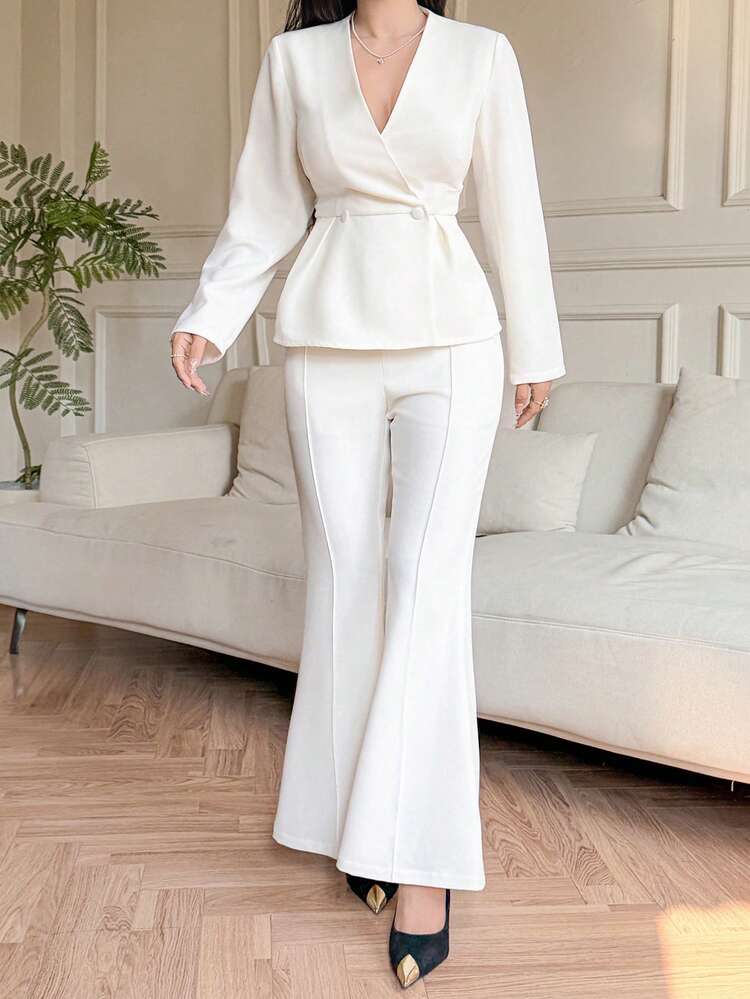 Women's Casual Solid Color V-Neck Jacket And Flared Pants Suit, Spring/Summer