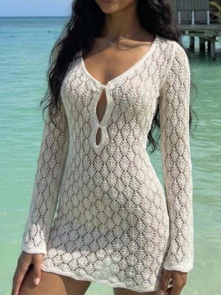 Bonvoyette 白色镂空针织吉祥搭扣镂空喇叭袖网红沙滩罩衫女装 - 白色 - 查看 4