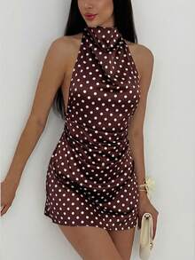 Aloruh Women's Polka Dot Pattern Ruched Sexy Halter Mini Dress - Multicolor - View 6