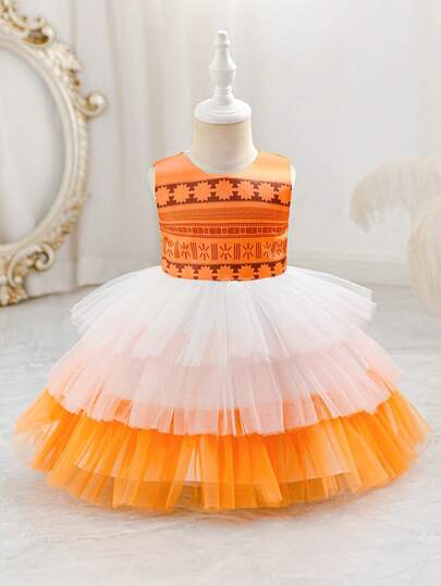 Glamorique Kids Baby Girls' Cute Graphic Print Sleeveless Gradient Tulle Dress, Sweet Daily Dress For Toddlers