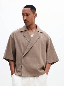 SUMWON Men's Beige Wrap Over Short Sleeve Shirt With Lapel Collar And Button Detail For Casual Summer Spring Wear - Khaki - View 1