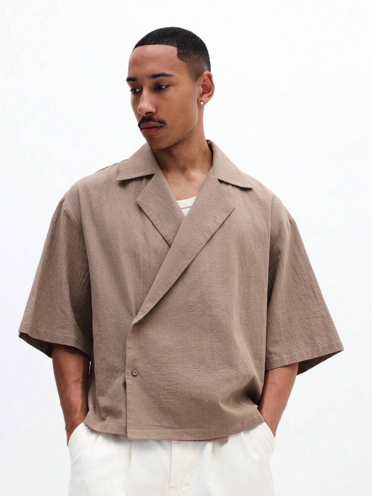 Beige Wrap Over Shirt With Lapel Collar