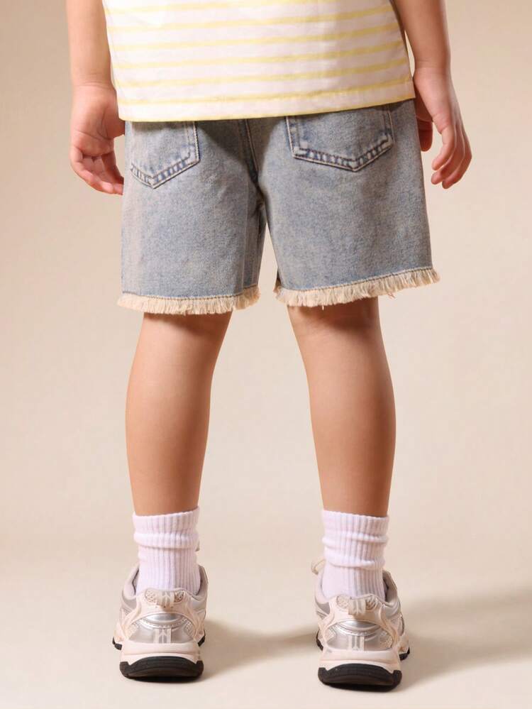 Boys Bleach Wash Denim Shorts With Frayed Hem And Rhinestone Decorations Summer Casual Jorts