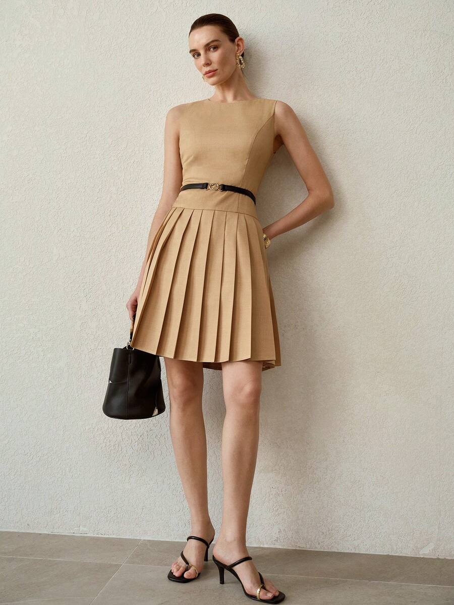 MOTF PREMIUM SLEEVELESS PLEATED HEM SHORT DRESS - Black - View 1