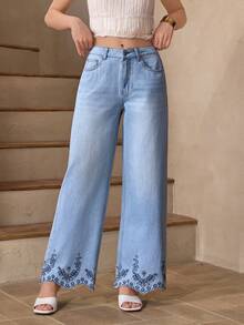 Selenza Women's Casual Everyday Denim Jeans With Pockets And Floral Embroidery Design - Blue - View 4