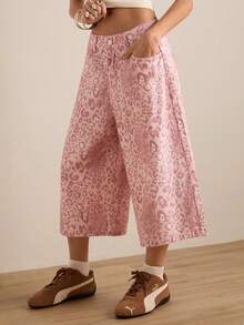 Easelle Quần lửng nữ kiểu dáng thường ngày, túi xéo, họa tiết da báo hồng, thích hợp cho các buổi hòa nhạc đồng quê, rộng rãi và thoải mái. - Hồng - Xem 5