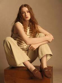 Rosivie 女士棕色绒面平底鞋，金属绳结装饰，简约休闲通勤百搭装扮 - 棕色 - 查看 1