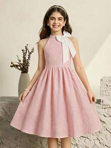 Tween Girls'Elegant Commuter Princess 3D Bowknot Sleeveless Waist Cinched Blue Floral Jacquard Dress,Dusty Pink,Summer,Elegant,Party For Vacation - Blue - View 1