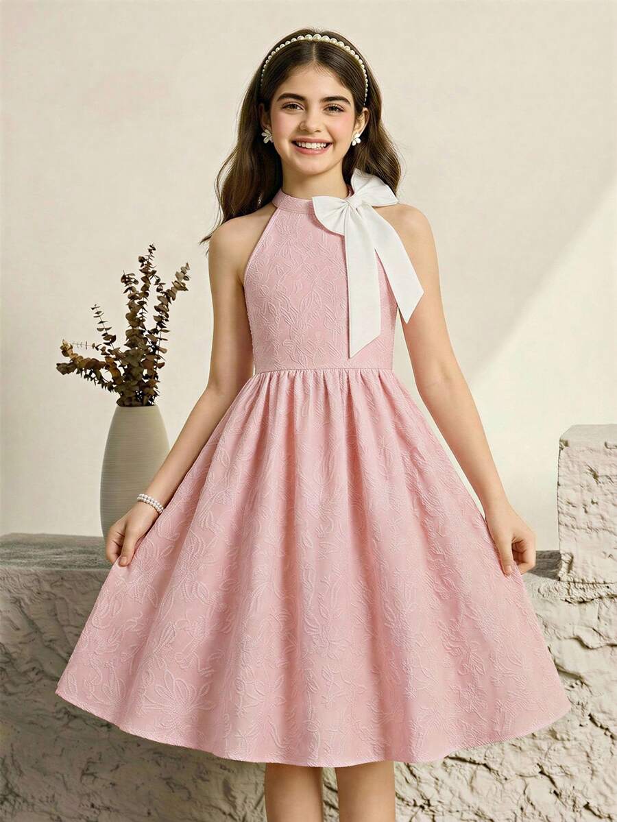 Tween Girls'Elegant Commuter Princess 3D Bowknot Sleeveless Waist Cinched Blue Floral Jacquard Dress,Dusty Pink,Summer,Elegant,Party For Vacation - Blue - View 1
