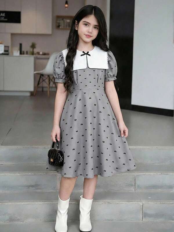Tween Girls' Cute Collared White Dress With Black Bow Decor, Casual Gray Dress