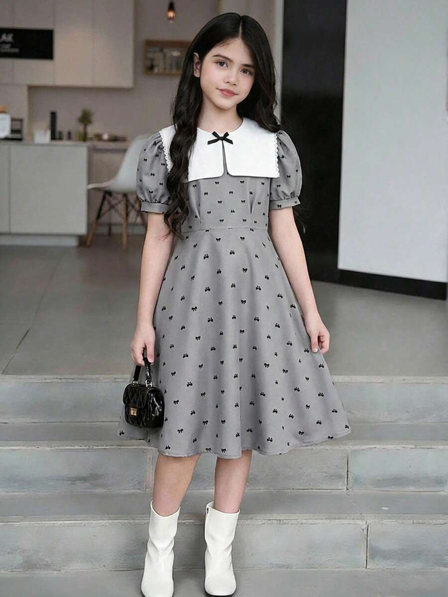 少女可爱翻领白色连衣裙,黑色蝴蝶结装饰,休闲灰色连衣裙 - 灰色 - 查看 1
