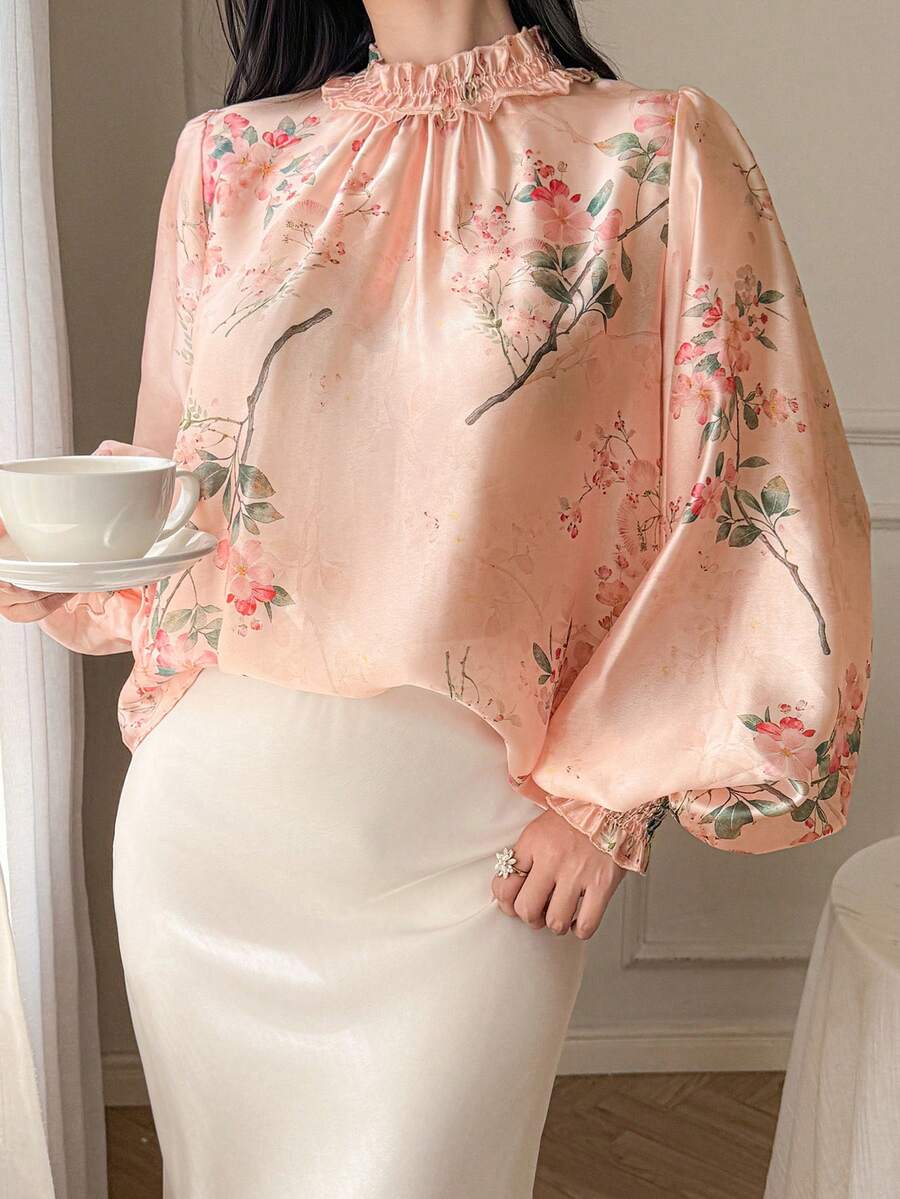 DAZY 女士高领宽松灯笼袖修身优雅印花衬衫 - 粉色 - 查看 1