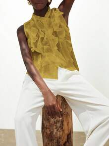 Aveloria Modichic Elegant Romantic Versatile French Style Sleeveless Shirt For Women, White Textured Crinkle Sheer Multi-Layer Ruffle Collar Design - Mustard Yellow - View 5