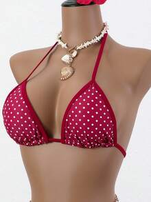 Swim Mod Women Red And White Polka Dot Bikini Set,Summer Tropical Beach Holiday Vacation,Spaghetti Strap Top&Ruffle Trim Contrast Bottom 2 Pieces Skirt Suit - Red - View 4