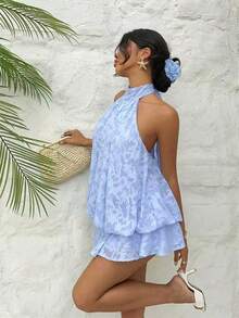 Aloruh Đầm ngắn cổ yếm màu vàng nhạt thanh lịch dành cho nữ - Màu xanh nhạt - Xem 3